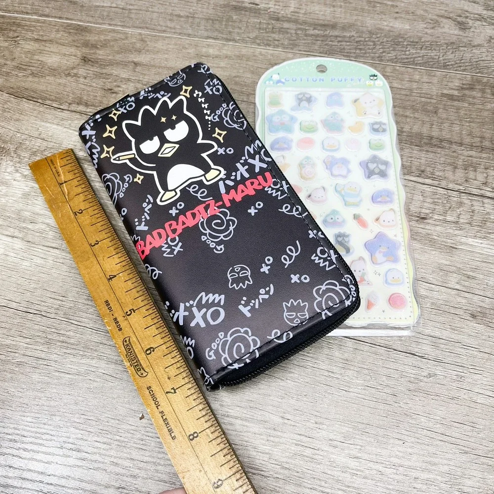 Sanrio Badtz-Maru Zip Around Wallet Black Doodle Print with Puffy Stickers Set